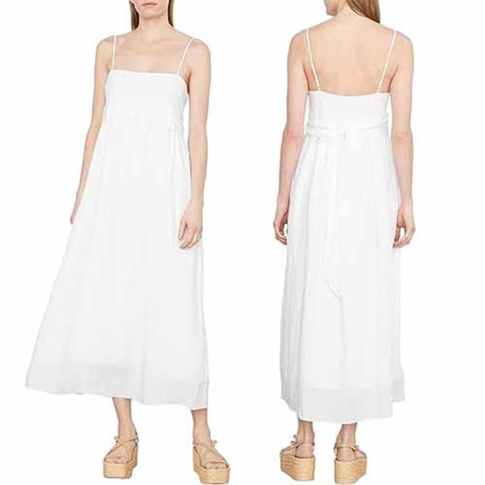 NWT Vince Panelled Square-Neckline Lined Self Tie A-Line Midi Dress White Size:M